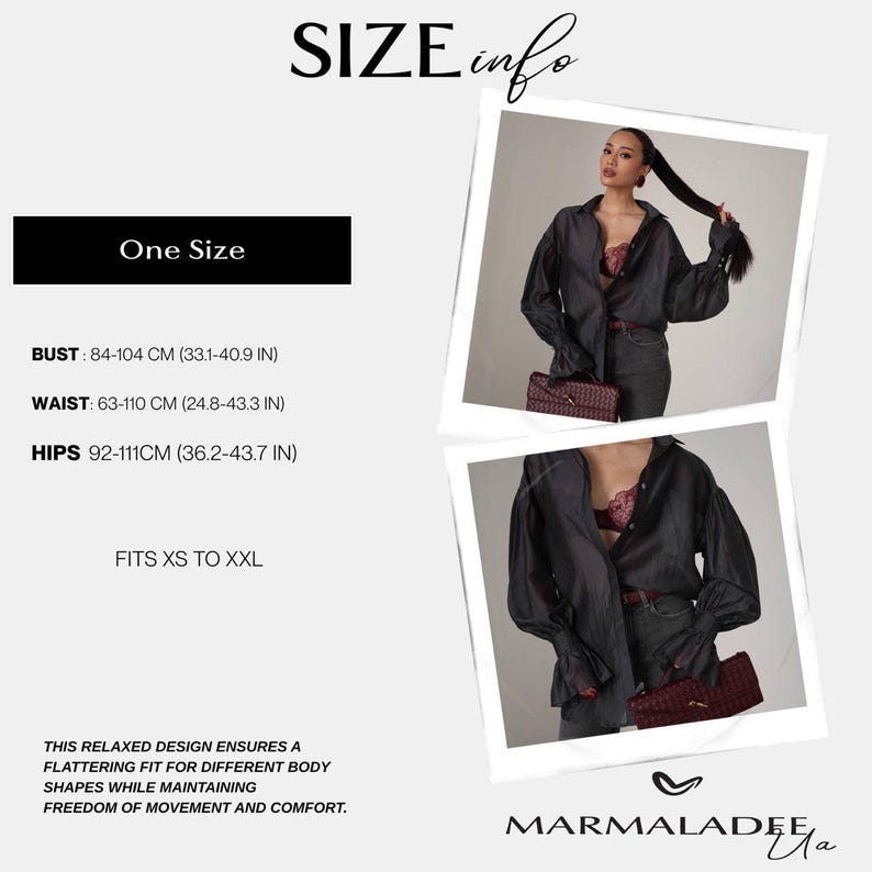 Puede incluir: Imagen de una camisa negra abotonada de manga larga. El texto incluye "SIZE info", "One Size" y medidas en cm y pulgadas. La camisa es adecuada para tallas XS a XXL. La marca "MARMALADEE" tambi&eacute;n es visible.