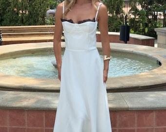 White Corset Dress with Black Lace Trim, Milk Bridal Bustier Midi Gown, Contrast Ruffle Spaghetti Strap Rehearsal Dinner Dress