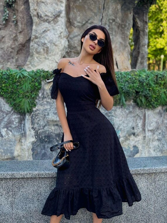 Chic Black Midi Dress With Flared Hem, Stitching Fabric Style, Off Shoulder With Bows, Ideal For Summer Events, Date Nights, Travel Looks