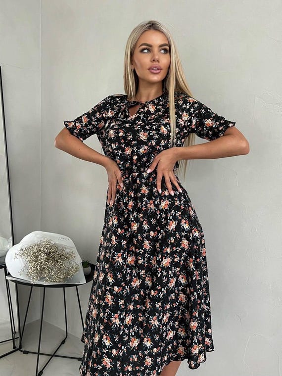 Romantic Black Dress, Fit and Flare Floral Sundress With Short Sleeve,  A-line Midi Boho Dress, Gift for Her, Womens Dress for Summer Outfit - Etsy