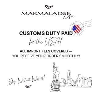 May include: White graphic with the text "CUSTOMS DUTY PAID for the USA!" and "ALL IMPORT FEES COVERED - YOU RECEIVE YOUR ORDER SMOOTHLY!" Includes a USA postage stamp and a sketch of the Statue of Liberty.