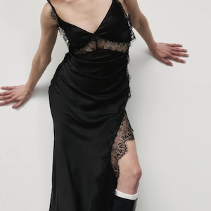 Elegant Long black-colored dress, Summer Formal Maxi Dress with High Slit, silk slip dress, long slip gown, romantic dress, lace slip dress