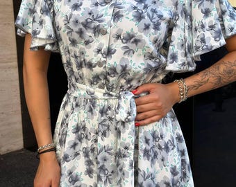 Vestido midi cinza floral básico, vestido de verão para o dia a dia com estilo boho cottagecore, presente de aniversário elegante, festas no jardim e look casual para o dia a dia