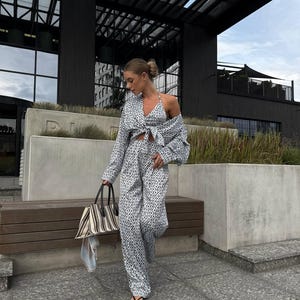 Printed 3 Piece Pant Set, Shirt and Halter Crop Top Suite, Boho Festival Loungewear, Satin Feeling Pyjama Style Patterned Co Ord