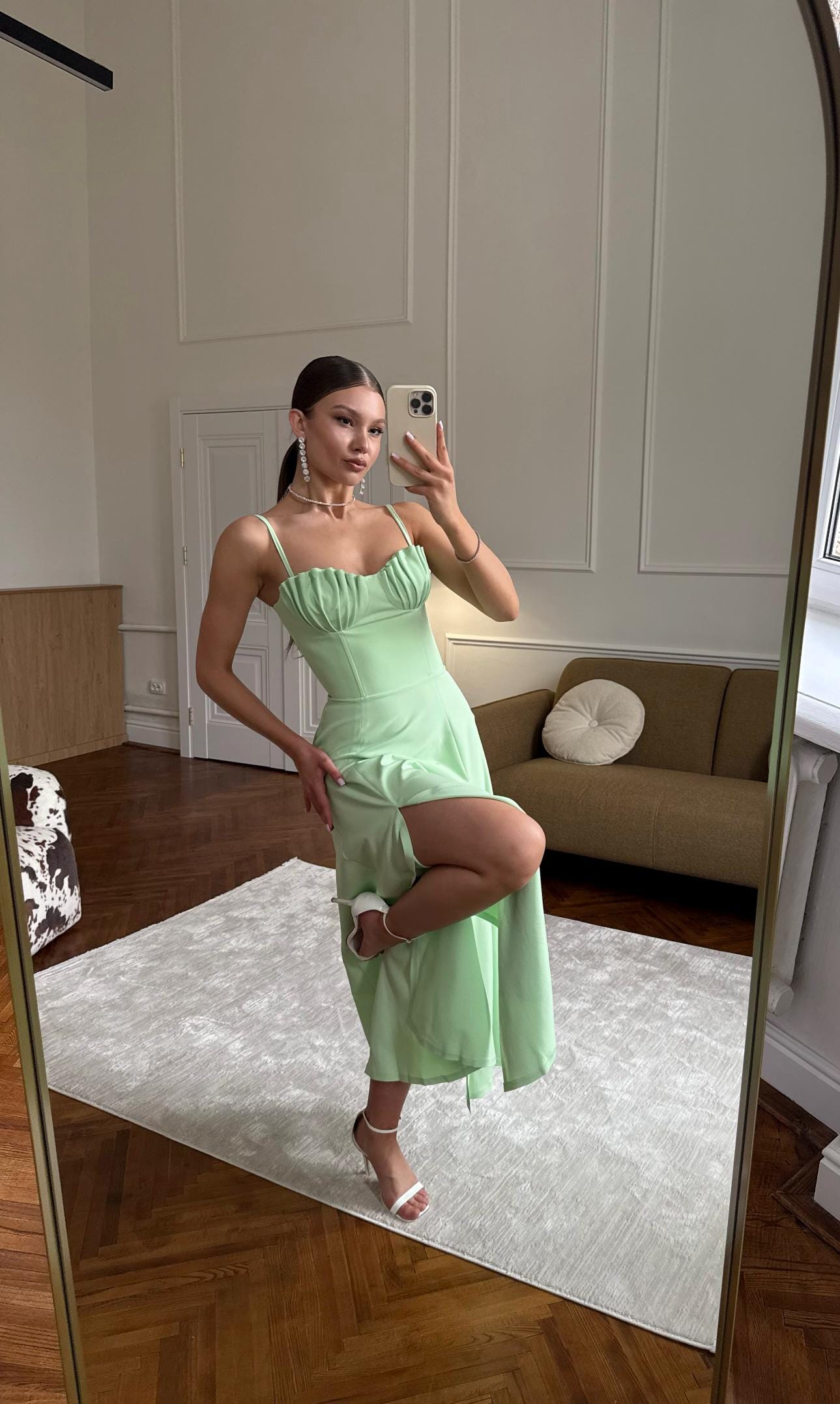 green emerald velvet dress Colin Midi Dress in Sage