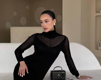 Vestido de suéter de algodón negro, elegante vestido midi de otoño para mujer, vestido de oficina modesto, vestido de cóctel de manga larga, regalo para ella