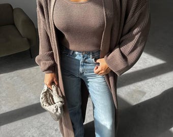 Chocolate Brown Knitted Cardigan Set, Cozy Chunky Long Oversized Sweater With Matching Top, Elegant Boho Knitwear For Women, Handmade Gift