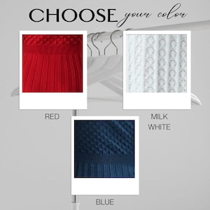 May include: Image featuring three color options: red, milk white, and blue. Each color is displayed in a square frame, showcasing the texture and pattern of the fabric. The text "CHOOSE your color" is written at the top.