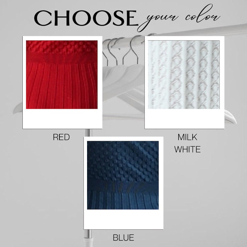 May include: Image featuring three color options: red, milk white, and blue. Each color is displayed in a square frame, showcasing the texture and pattern of the fabric. The text "CHOOSE your color" is written at the top.