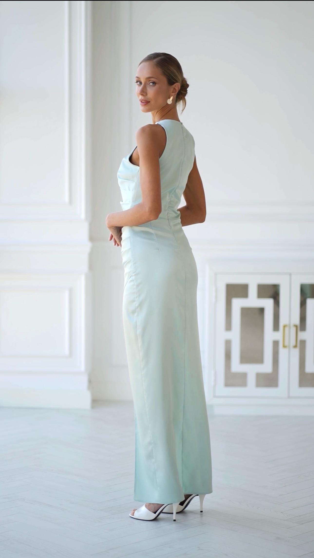 mint green satin maxi dress SEROYA Monique Satin Maxi Dress in Teal