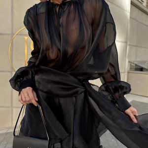 Mini Black Organza Dress, Sexy Sheer Cocktail & Party Dress, Bubble Skirt, Elegant, Trendy, Autumn Holiday Dress, Gift for Women