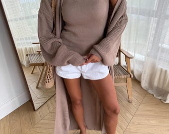 Beige Knit Cardigan Set, 2 Piece Sweater Set, Long Duster and Crop Top, Ribbed Matching Set, Summer Knit Co Ord, Boho Loungewear
