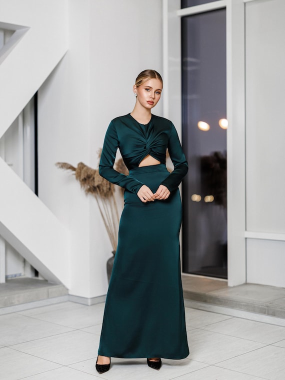 slim fit dress slacks Cut Out Maxi Dress in Emerald Green