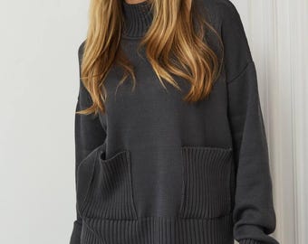 Ribbed Knit Set, Graphite Women’s Two Piece Sweater And Skirt Outfit, Cozy Oversized Suit, Fall Winter Loungewear Gift