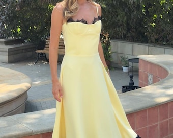 Yellow Corset Dress with Black Lace Trim, Pastel Bustier Midi Gown, Contrast Ruffle Spaghetti Strap Prom and Cocktail Dress
