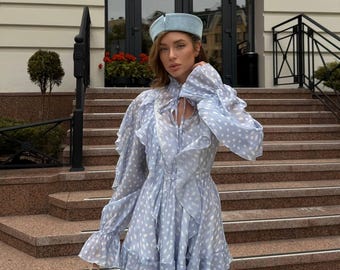 Tencel Polka Dot Mini Dress French Lace Long Sleeve Light Blue Ruffle Romantic Vintage Style Coquette Party Outfit