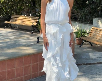 Halter Organza Wedding Dress with Ruffles | Civil Bridal Gown for Elopement | Minimalist Engagement and Reception Dress