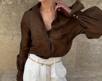 Elegant Brown Blouse, Long Sleeve Women’s Shirt, Oversized Minimalist Top, Classy Relaxed Fit Tunic, Victorian Inspired Blouse, Gift for Her