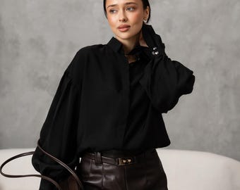 Black Women Blouse, Elegant Long Sleeve Shirt, Minimalist Oversized Top, Classy Relaxed Fit Blouse, Victorian Style Tunic, Gift for Her