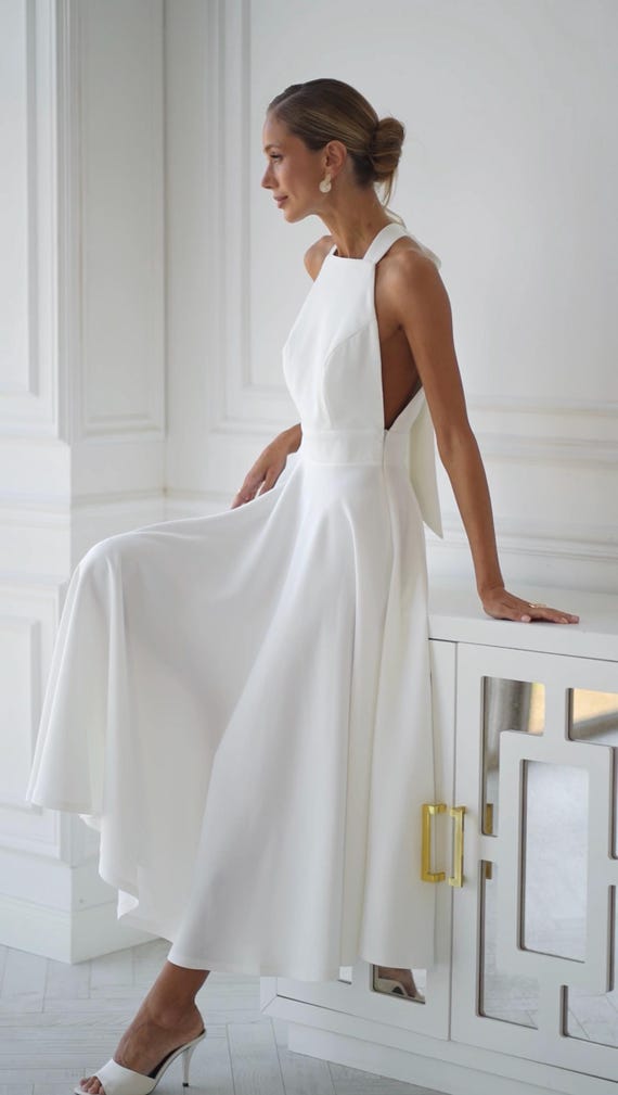 white bridal rehearsal dinner dress Midi Wedding with Bow Back, Minimalist Halter Backless Gown, Dress, Elopement Outfit, City Hall Dress illusion neckline Bodice Berylove Women White Bridal Shower