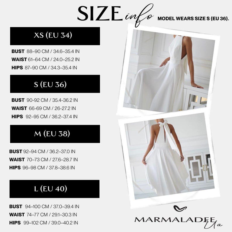 Pu&ograve; includere: Tabella delle taglie con misure di busto, vita e fianchi in cm e pollici per XS (EU 34) a L (EU 40). Due immagini di un abito bianco con collo all'americana e fiocco. Testo: "MODEL WEARS SIZE S (EU 36)".