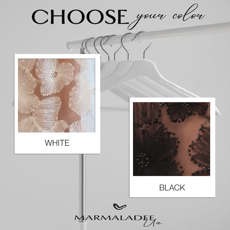 May include: Image showcasing two fabric samples, one white and one black, with floral embellishments. The text "CHOOSE your color" is at the top. The white sample is labeled "WHITE" and the black sample is labeled "BLACK".