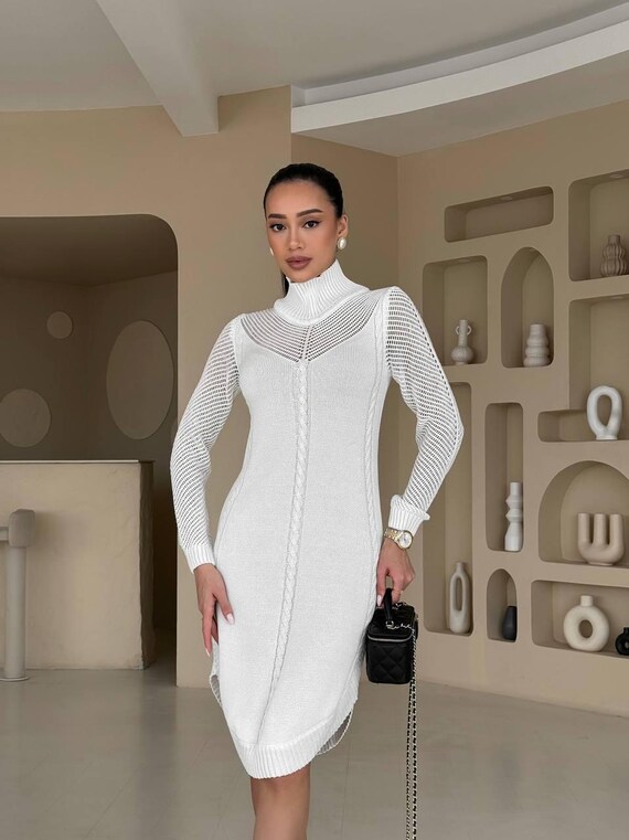 White Sweater Midi Dress, Elegant Cotton Dress for Women, Modest Office Dress, Fall Cocktail Dress, Classy Evening Outfit Gift
