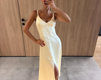 Lemon Sundress, Butter Yellow Dress, Button Front Midi Dress with Slit, Bustier Spaghetti Strap Summer Dress