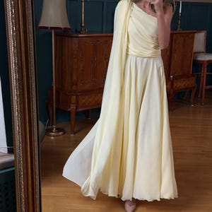 One Shoulder Chiffon Maxi Dress Grecian Style Gown Pale Yellow Goddess Style Flowy Minimalist Wedding Guest Dress Ethereal Evening Gown Yellow