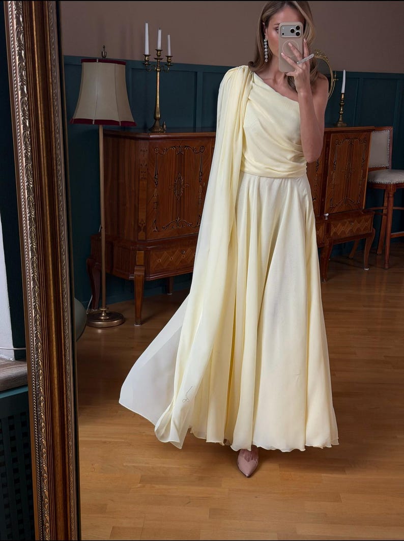 One Shoulder Chiffon Maxi Dress Grecian Style Gown Pale Yellow Goddess Style Flowy Minimalist Wedding Guest Dress Ethereal Evening Gown Yellow
