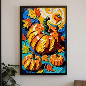 Puede incluir: Una pintura de tres calabazas con tonos naranja y amarillo. Las calabazas están rodeadas de hojas azules y verdes. El fondo es un patrón azul y amarillo en espiral.