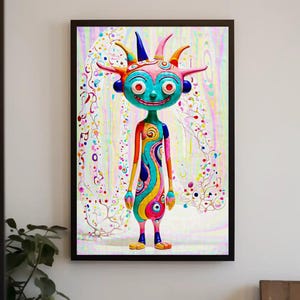May include: A colorful, cartoon-like figure with a whimsical design stands in front of a white background with abstract patterns. The figure is painted in bright colors, including pink, blue, yellow, and green. The figure has a large head with large eyes and a wide smile.