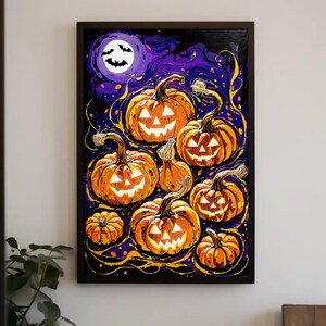 ハロウィンパンプキンパッチプリント：不気味なウォールアート（デジタルダウンロード）