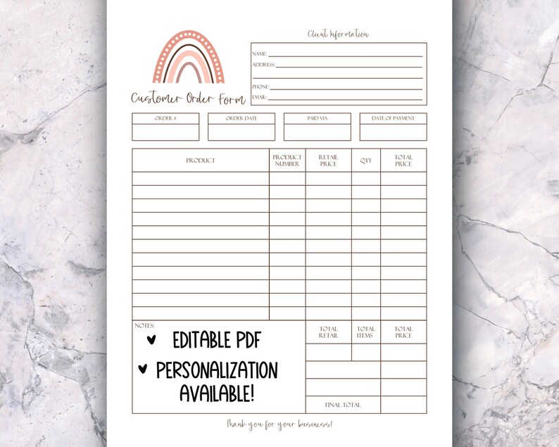 Printable Customer Order Form Printable Invoice Business - Etsy