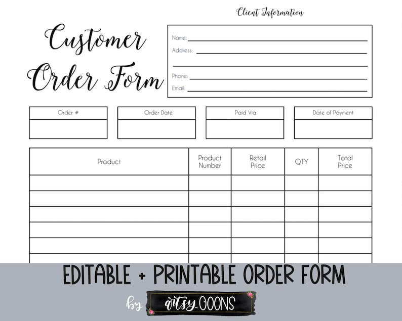 Printable Customer Order Form Printable Invoice Business Etsy