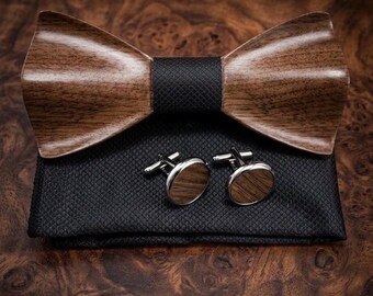 Wooden Bow Tie Set: Black Fabric, Cufflinks & Handkerchief