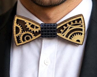 Wooden Bow Tie Cufflink Set, Handmade Steampunk Wedding Accessory