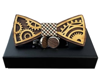 Wooden Bow Tie Cufflinks Set, Handmade Eco-Friendly Gift