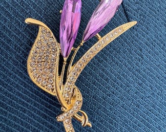 Purple Crystal Flower Brooch, Gold Rhinestone Floral Pin, Vintage Style