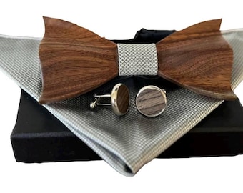 Wood Bow Tie Set, Grey Fabric, Cufflinks, Handkerchief, Groomsmen Gift