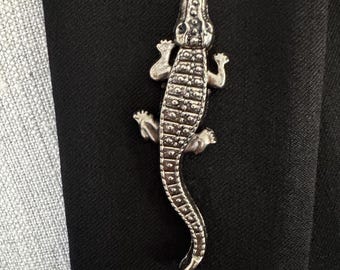 Vintage Alligator Brooch, Gold & Silver Crocodile Pins, Animal Jewelry, Statement Lapel Pin, Unique Gift for Her or Him