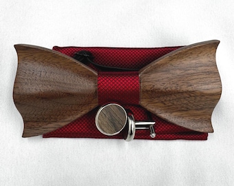Wooden Bow Tie, cufflinks and matching handkerchief for Men, Wedding gift, Wedding groomsmen, Men Suit  Accessories, Unique Gift for Him