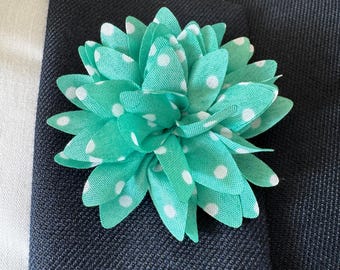 Mint Green Polka Dot Flower Lapel Pin – Fabric Boutonniere for Men’s Suit, Wedding, Prom & Formal Events