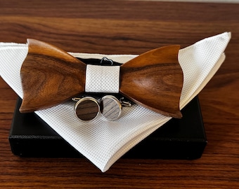 Wooden Bow Tie Set for Men: White Fabric, Cufflinks & Handkerchief