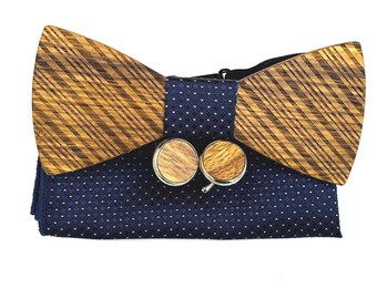 Wooden Bow Tie Set for Men, Engraved Wood Bowtie with Matching Cufflinks & Navy Pocket Square, Groom Wedding Gift, Formal Accessories