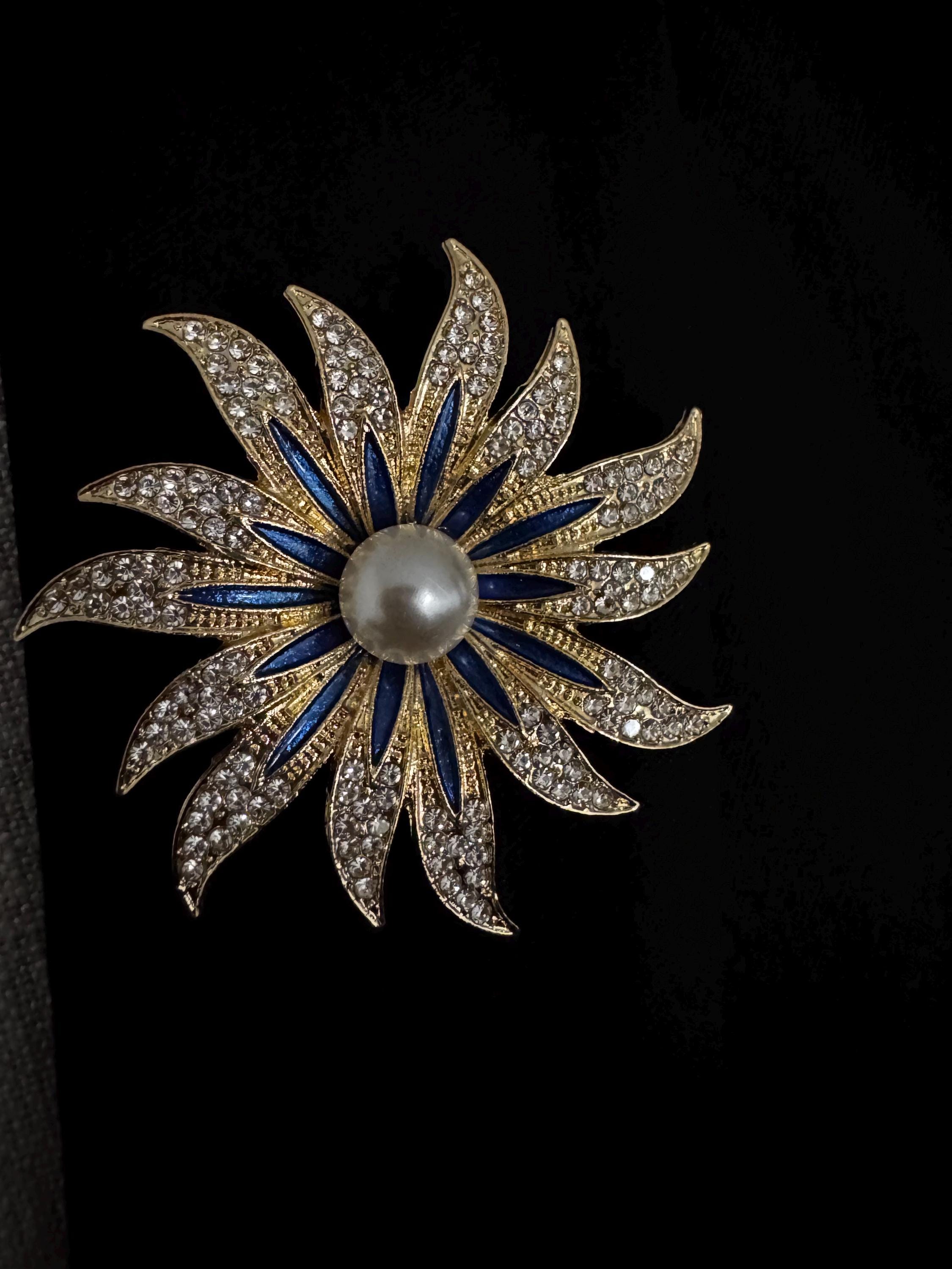 Broche Ancienne Strass Bleue - Métal Doré Géométrique Vintage