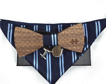 Handcrafted Wooden Puzzle Bow Tie Gift Set with Matching Hanky & Cufflinks – Unique Men’s Accessory, Men Bow tie, Cufflinks