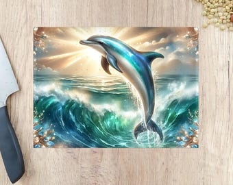 Ocean skärbräda PNG sublimeringsdesign, Dolphin Gold Glitter skärbräda PNG SVG, Glas skärbräda köksdekoration gåva endast digital