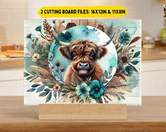 Funny Highland Cow Glass Cutting Board png Sublimation Design, Rustic Floral Chopping Board png, Cow Lover Gift Decor, Digital Only png