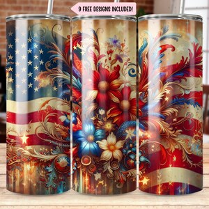 4th of July Tumbler Wrap PNG Sublimation Design, Patriotic USA American Floral Tumbler Wrap Straight Seamless png, Digital Only